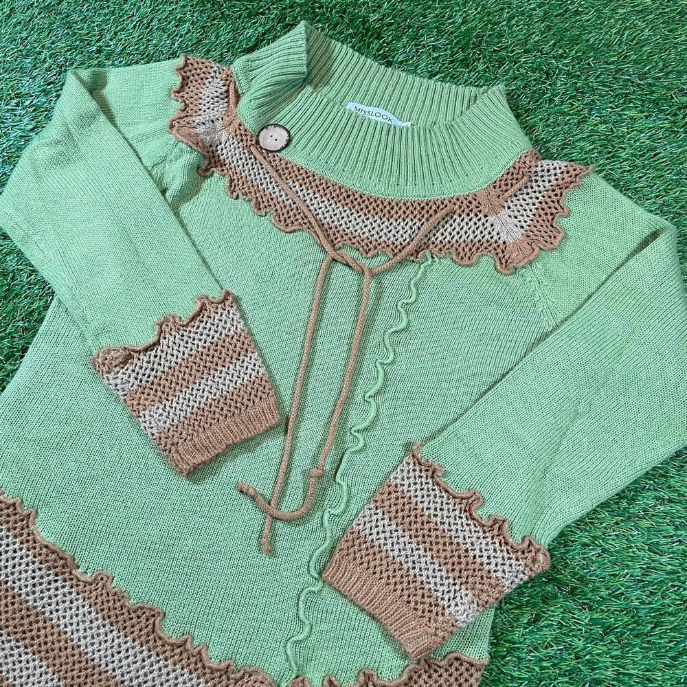 Misslook women’s green and brown striped knit sweater with ruffled trim size M